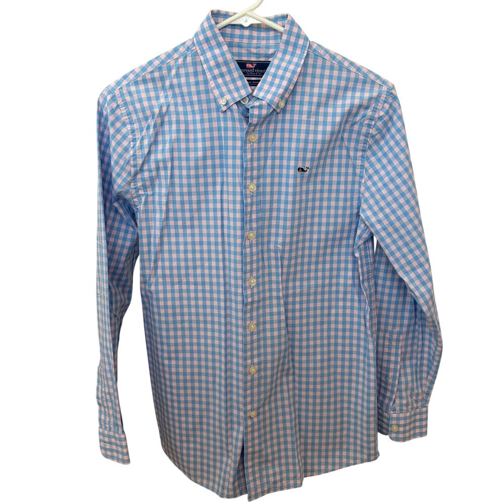 Vineyard Vines Boys Blue & Pink Gingham Button-Down Whale Shirt Boys Size Large